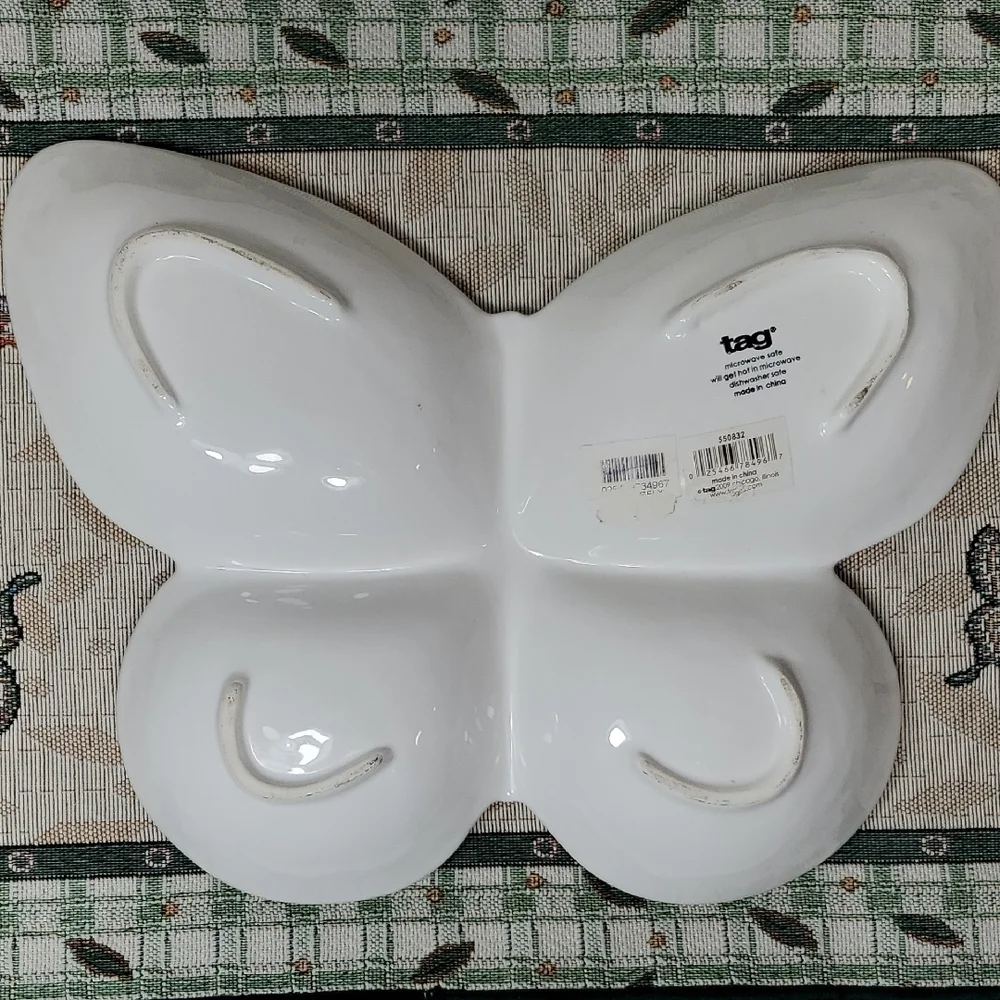 White Butterfly Divided Ceramic Serving Dish Tray Plate